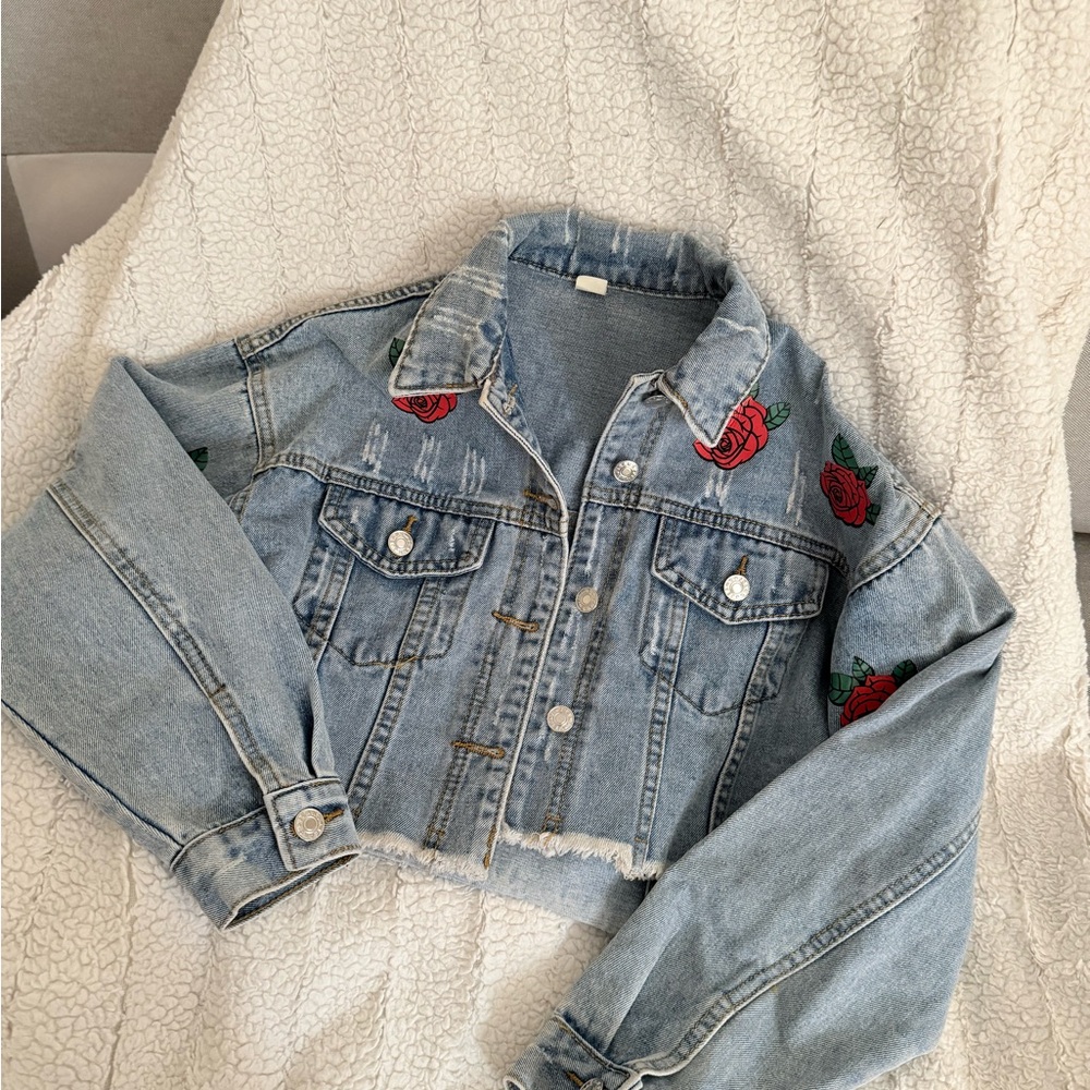 Mega Cropped Denim Jacket with Rose Embroidery by Lulu Simone - Picture 12 of 14